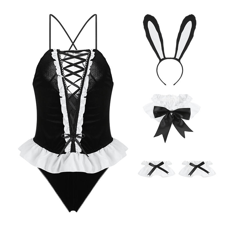 Black Nifty Bunny Girl Velvet Bodysuit Set