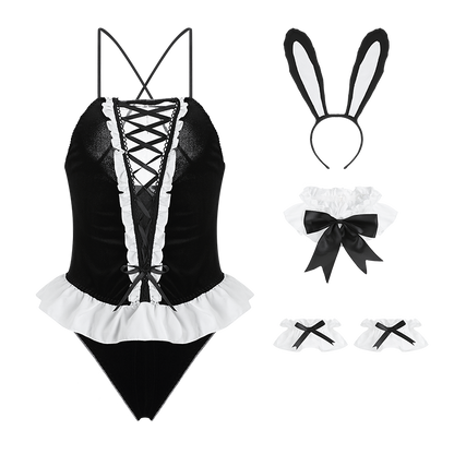 Black Nifty Bunny Girl Velvet Bodysuit Set