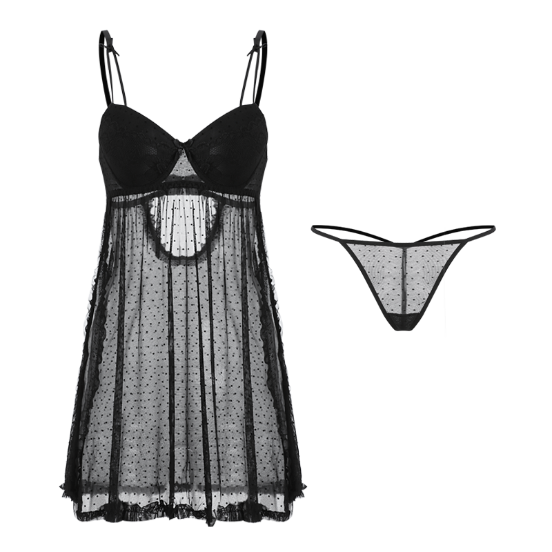 Black Sensual Sheer Dot Mesh Slip Nightdress