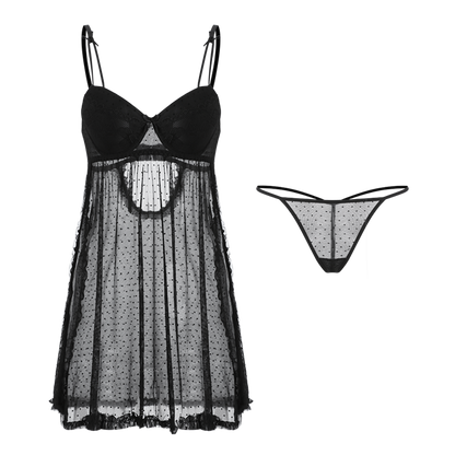 Black Sensual Sheer Dot Mesh Slip Nightdress