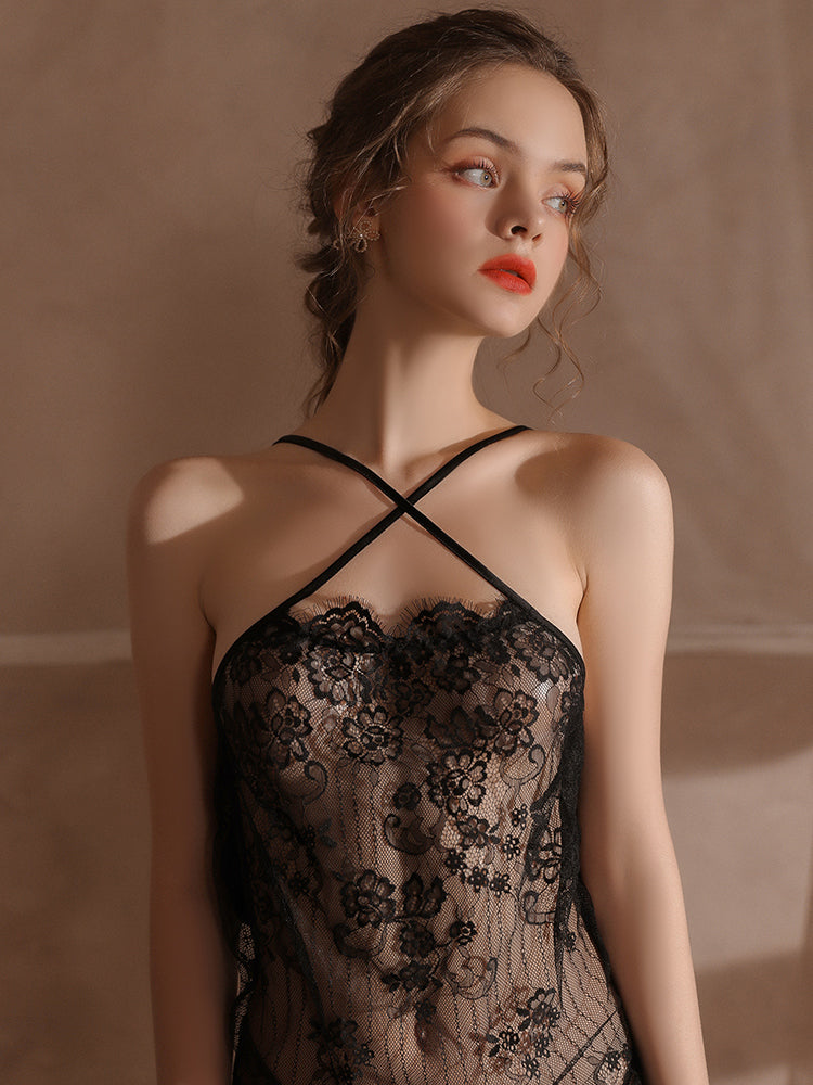 Black Sexy Butterfly Lace Slip Nightdress