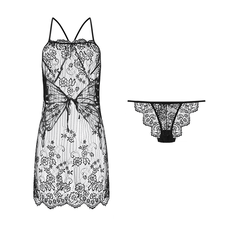 Black Sexy Butterfly Lace Slip Nightdress