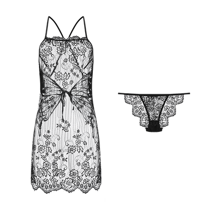 Black Sexy Butterfly Lace Slip Nightdress