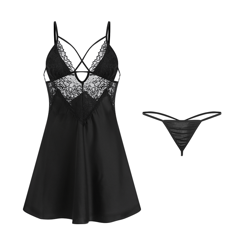 Black Sexy Satin Lace Slip Nightdress