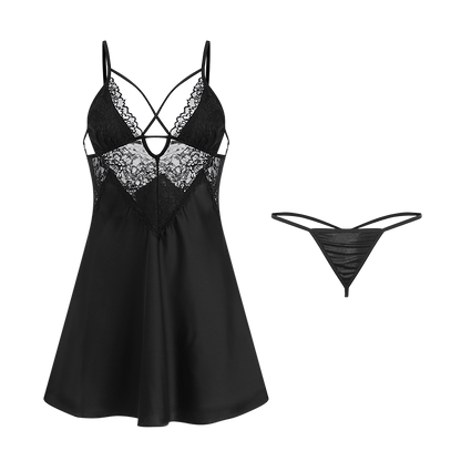 Black Sexy Satin Lace Slip Nightdress