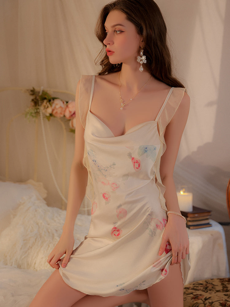 Champagne Printed Satin Nightdress Set