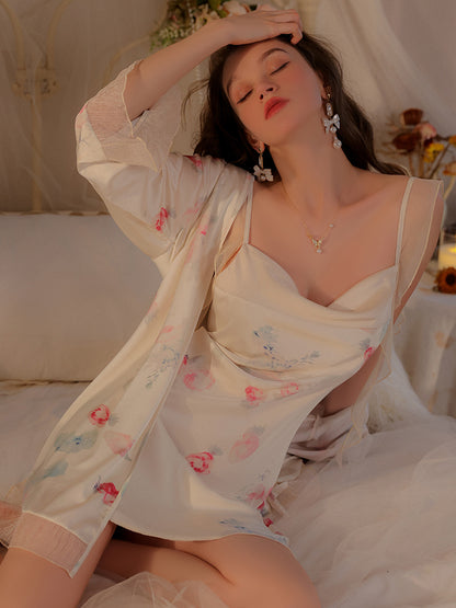 Champagne Printed Satin Nightdress Set