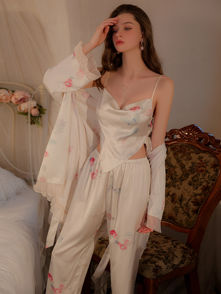 Champagne Printed Satin Pajama Set