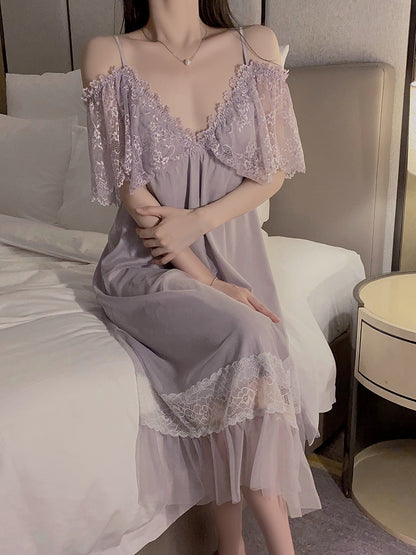 Delicate Lace Mesh Satin Nightdress