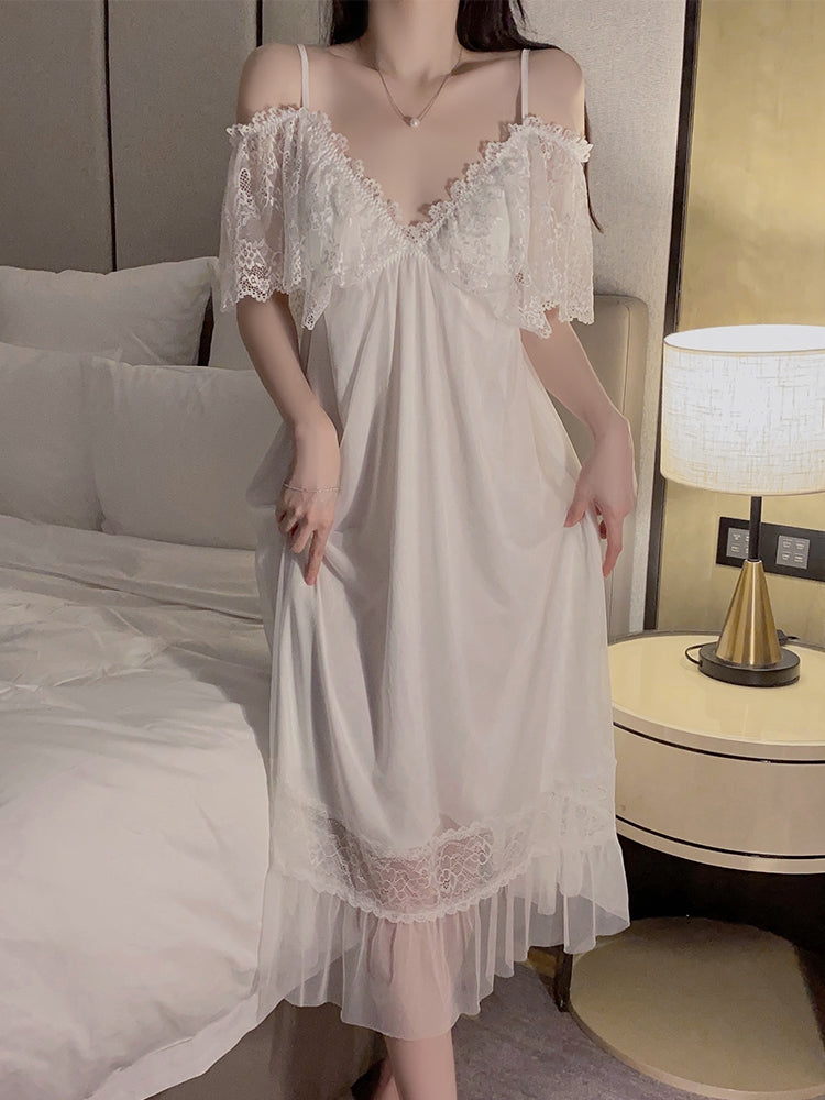 Delicate Lace Mesh Satin Nightdress