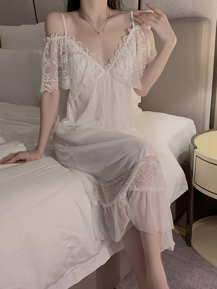 Delicate Lace Mesh Satin Nightdress