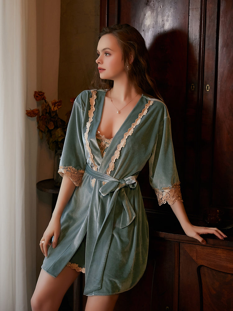 Elegant Floral Velour Slip Nightdress Set