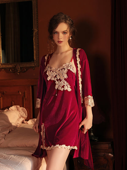 Elegant Floral Velour Slip Nightdress Set