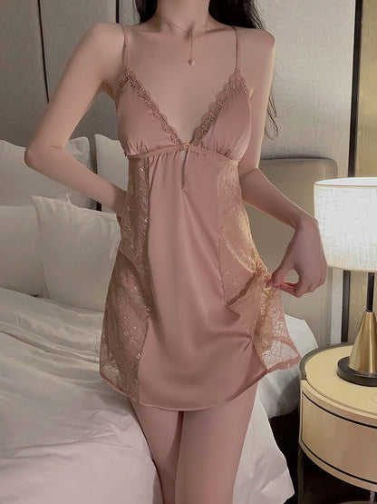 Elegant Sheer Lace Slip Nightdress Set