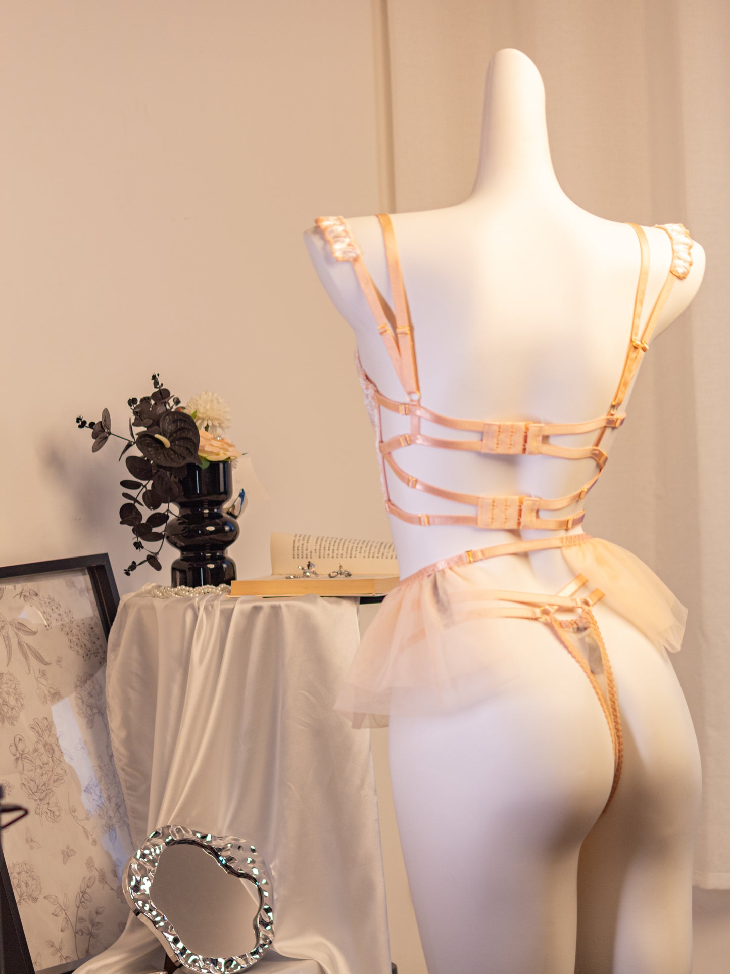 Off White Grid Embroidery Lingerie Set