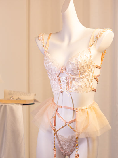 Off White Grid Embroidery Lingerie Set