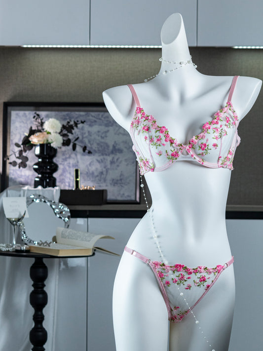 Pink Floral Sexy Sheer Embroidered Lingerie Set