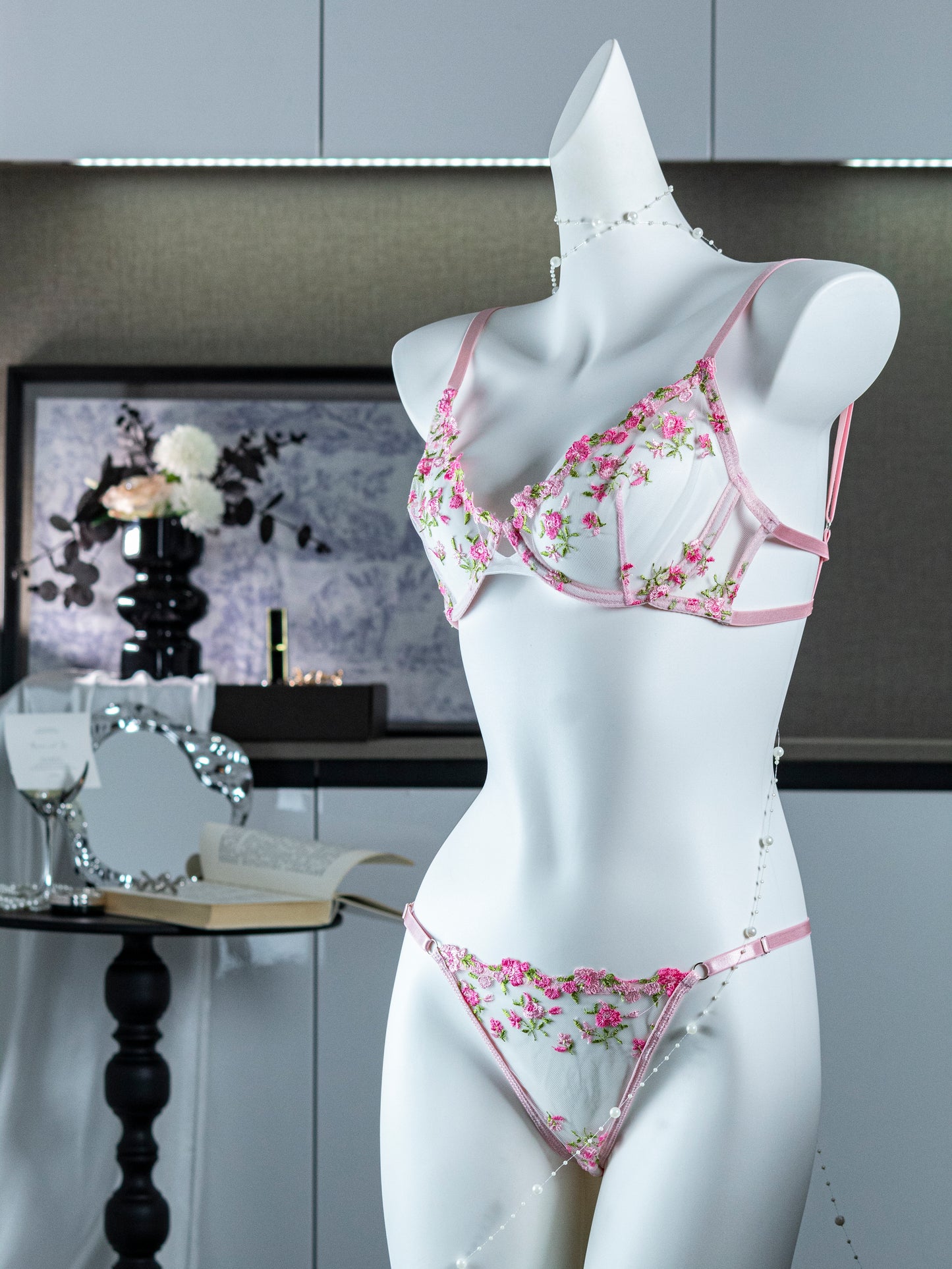 Pink Floral Sexy Sheer Embroidered Lingerie Set