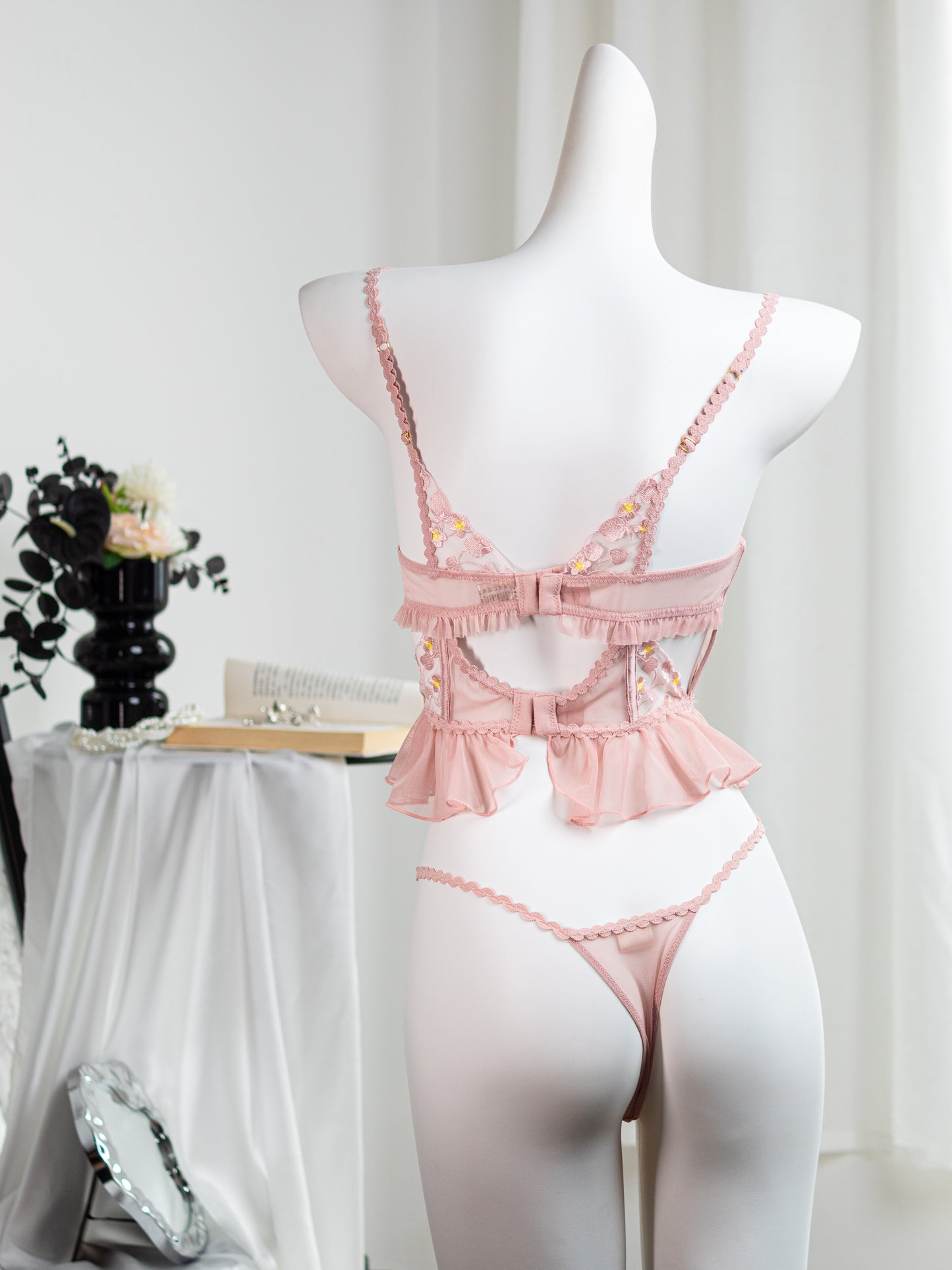 Pink Sakura Lace Embroidery Lingerie Set