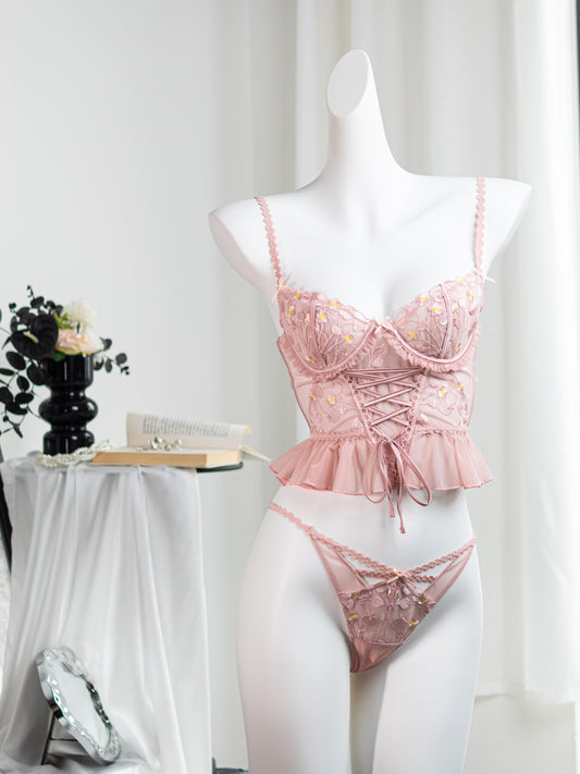 Pink Sakura Lace Embroidery Lingerie Set