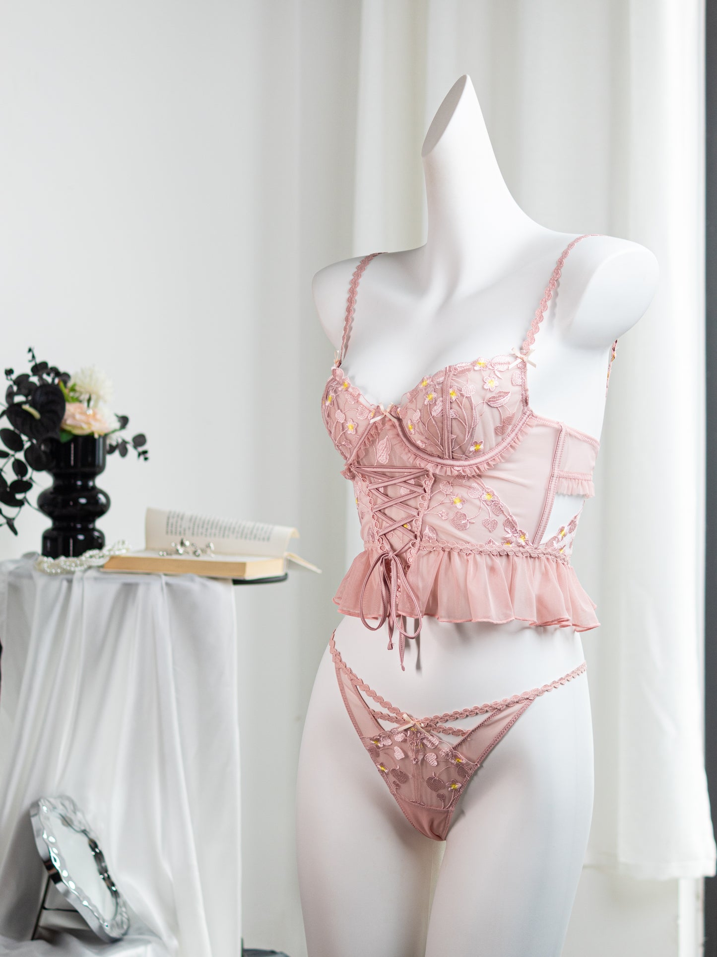 Pink Sakura Lace Embroidery Lingerie Set