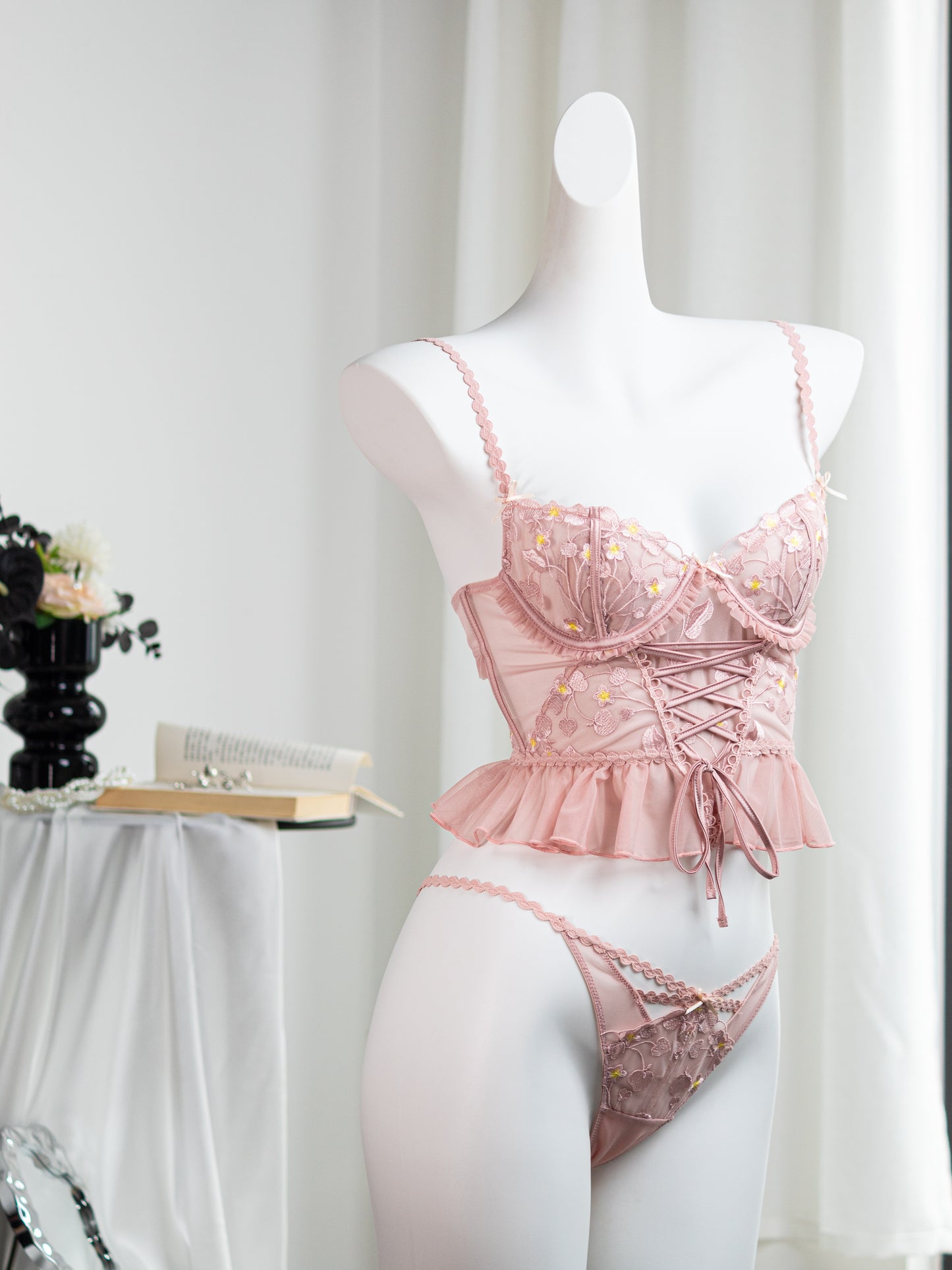 Pink Sakura Lace Embroidery Lingerie Set