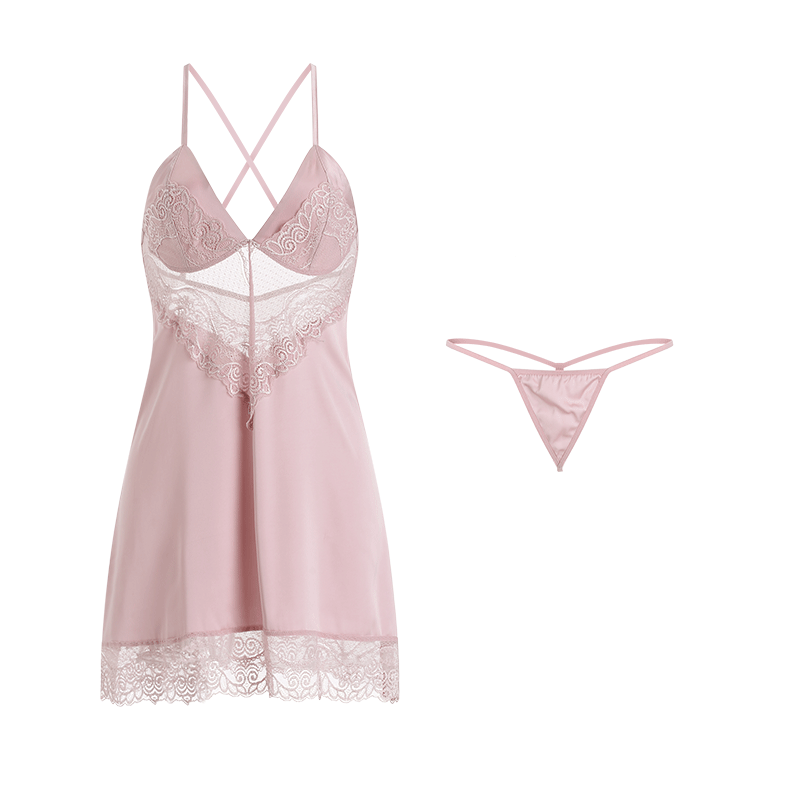 Pink Sexy Lace Satin Slip Nightdress