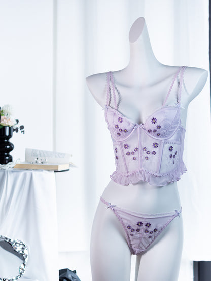 Purple Floral French-inspired Sexy Lace Embroidered Lingerie Set