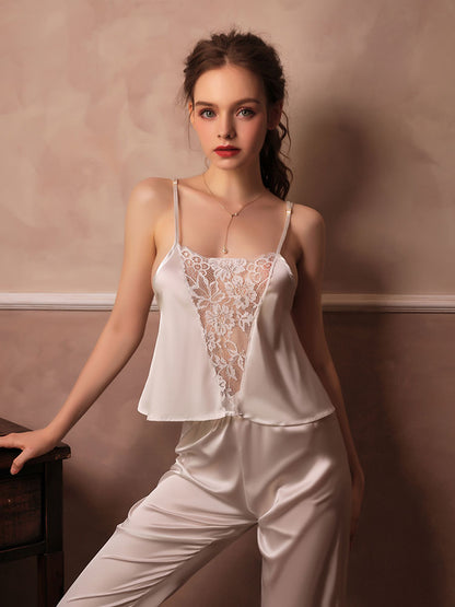 White Elegant Lace Satin Pajama Set