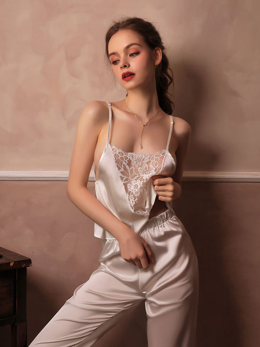 White Elegant Lace Satin Pajama Set