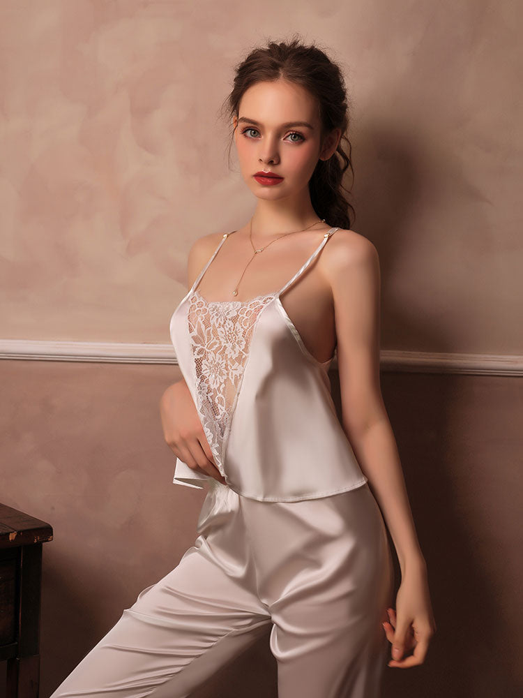 White Elegant Lace Satin Pajama Set