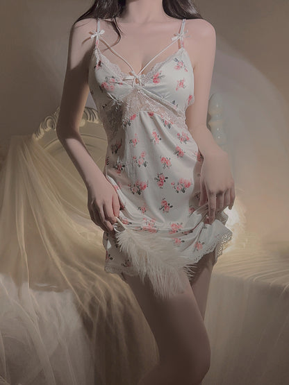 White Elegant Printed Lace Nightdress